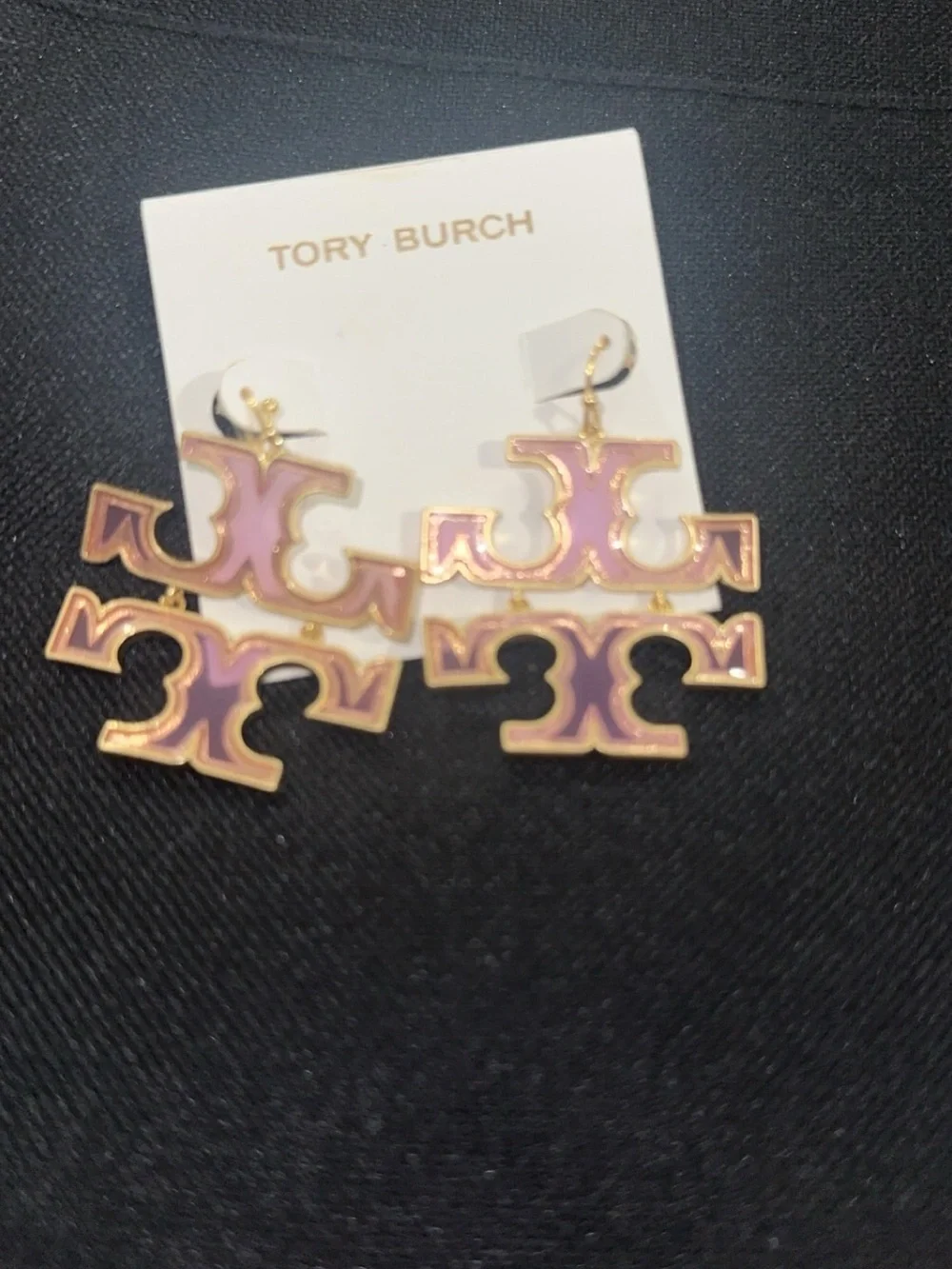 Tory Burch Pink and Gold Double-Logo Dangle Earrings
